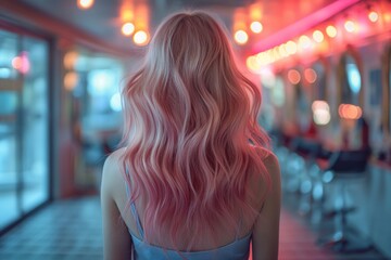 Poster - Back view of woman with long shiny hair in beauty salon. Happy client after treatment