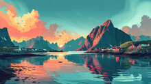 Scenic View Of Lofoten Islands In Norway During Sunrise In Landscape Comic Style.