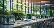 © T-elle - Office modern background with desks and computers. Blurred empty open space office with windows. Abstract bokeh on the background of an office interior for design.