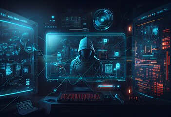 The workplace of an IT specialist, system administrator or hacker programmer. Glowing monitors of several computers. Data center.