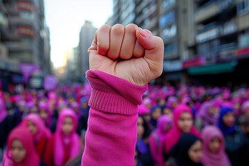 Wall Mural - Raised fist of a woman at a feminist demonstration, Women's Day, purple and pink flag for the fight for rights and equality