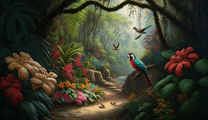Wall Mural - In a forest with pleasant air, blooming flowers, and chirping birds, creating an enchanting morning scene,nijji art style - Generative AI