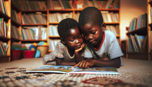 African Brother And Sister Reading Picture Books Together. Reading Together Gives Siblings Something Fun To Do And It Also Reinforces Their Bonds Of Love.