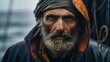 Wise old fisherman in orange headwrap stares intensely at sea