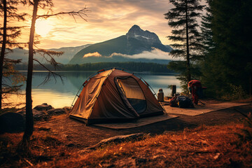 a tent besides a beautiful lake