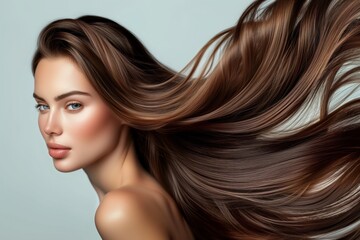 Wall Mural - Portrait of beautiful brunette caucasian woman with long and shiny hair on a grey background