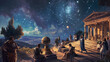 ancient Greek observatory, with philosophers and astronomers gathered around, studying a celestial globe and star charts, under a vividly depicted night sky full of stars and constellations, capturing