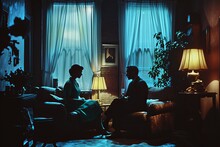 Classic Illustration 1960s ,a Couple Having A Conversation At Home, Vintage Retro  Colors