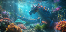 Underwater Dragon In A Coral Reef, Detailed Underwater Scenery, Realistic Light Refraction And Bubbles, Vibrant Marine Life Around