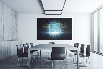 Wall Mural - creative human brain microcircuit on presentation monitor in a modern boardroom. future technology a