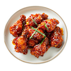 Spicy Korean fried chicken wings in plate. Top view. Transparent background.