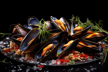 Wall Mural - Boiled mussels in a half-shell. AI generated.