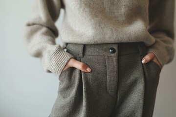 detail of cashmere thin sweater with tweed trousers on a womans body, neutral colors, quiet luxury