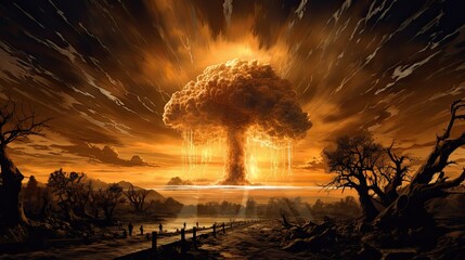 The depiction of a futuristic nuclear explosion against a dark background