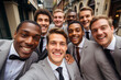 © serperm73 - A multinational group of young guys - friends of the groom, take a selfie at a wedding or engagement.