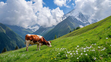 A Brown Cow With White Spots Grazing On A Mountain Slope