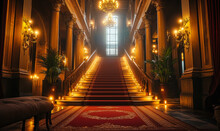 Regal Red Carpet Stairway Leading To A Grand Entrance Flanked By Ornate Columns And Glowing Lights