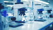 Professional microscope and lab glassware for scientific research