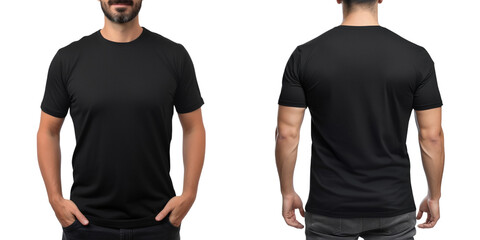 Wall Mural - Set of plain black color t-shirt template front and back view mock up isolated on a transparent background