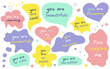 set of speech bubbles with phrases, quotes, compliments self love, compliments day