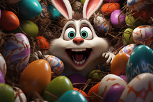 Crazy Easter Bunnies, Funny And Cute. Colorful Easter Eggs. AI Generative.