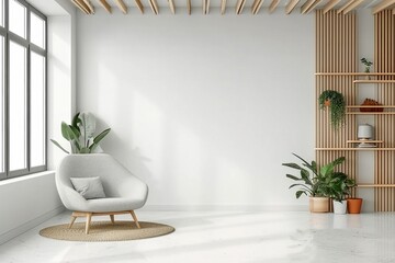 Wall Mural - Modern minimalist interior with an armchair on empty white color wall background.3d rendering. generative ai.