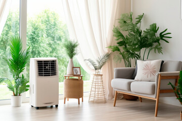 Portable mobile air conditioner in the living room interior.