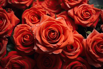 Wall Mural - A close-up of a bouquet featuring pink and orange roses set against a background with a peach fuzz color tone.