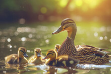Mother Duck And Her Ducklings In A Pond. Generative AI