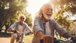 Generative ai is used by a young joyful elderly couple to enjoy outdoor recreation