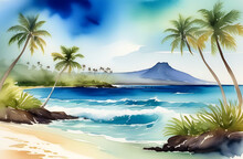 Watercolor Landscape With Views Of Tropical Islands. Mountains, Palm Trees, Ocean.Card