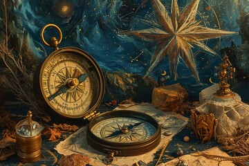 Wall Mural - Enchanted celestial compasses, guiding adventurers to hidden realms among the stars - Generative AI