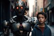 A boy and a robot on a city street. Cyborgs teen walking around the city