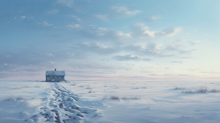 Road to an old small farmhouse in a snowy field.