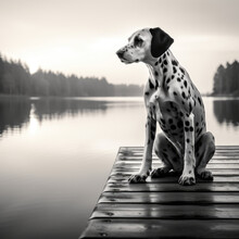 Dalmatian Dog Sitting On The Pier Against Foggy River Background