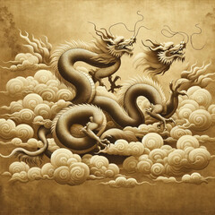 Wall Mural - the minimalist realistic art illustrations of mythical gold dragons on a cloud, designed in a old traditional Chinese style