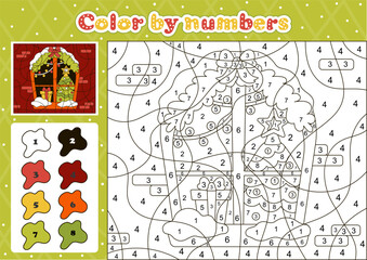 Wall Mural - Winter themed coloring page by number for kids with cute decorated christmas window, christmas tree and gifts