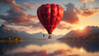 Hot red air balloon heart shape flying