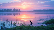 A Picturesque Easter Sunrise Scene Over A Tranquil Lake, With An Easter Bunny Silhouette Hopping Along The Water's Edge And A Sky Adorned With Pastel Hues. The Image Captures The S