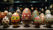A grand Easter egg display in a museum, showcasing a collection of artistically crafted eggs from different cultures and traditions. The diverse designs highlight the global signif