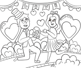 Wall Mural - Romantic confessions of love between kids, coloring page for print