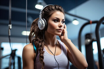 fitness girl listening to music at the gym