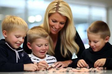 Happy mother and her three joyful children having a meal together at the dining table