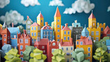 Fototapeta Londyn - Origami paper town. Houses, mountains and clouds made of paper