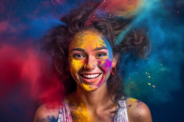  Beautiful young girl is shown in a brilliant burst of color during the Holi celebration