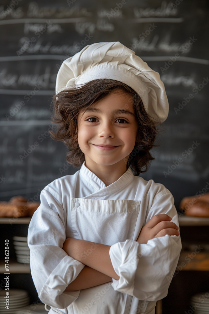 Smiling kid wearing pastry chef outfit. Little boy wearing a pastry ...
