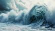 Tsunami wave approaching a coastline, photorealistic depiction of the massive energy and scale, detailed textures of water and foam, sense of motion and power