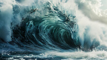 Tsunami Wave Approaching A Coastline, Photorealistic Depiction Of The Massive Energy And Scale, Detailed Textures Of Water And Foam, Sense Of Motion And Power