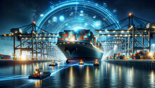 A Futuristic Cargo Ship Docks At A High-tech Port With Digital Interfaces And A Starry Sky Above.Logistics Solutions In The Future.AI Generated.