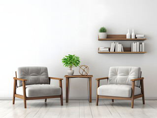 Beautiful living room with two chairs next to a wooden shelf in front of a white wall